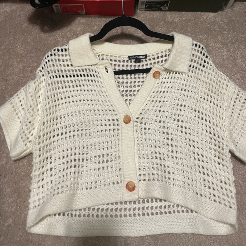 Cream Button-Up Knit crochet top
